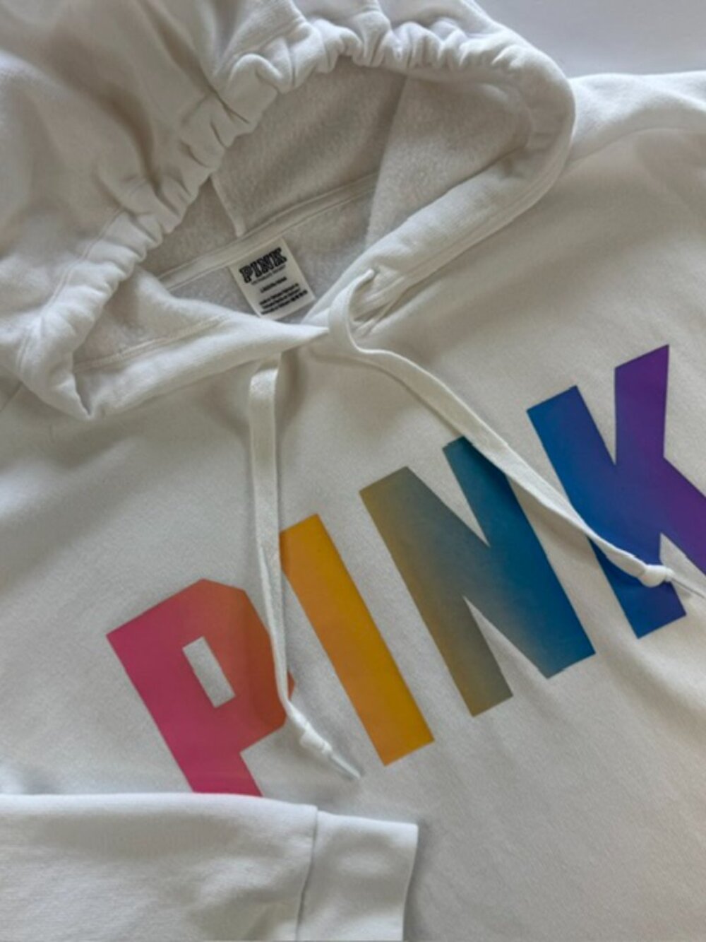 PINK Victoria's Secret Hoodie Womens Large White Pullover Rainbow Logo Fleece